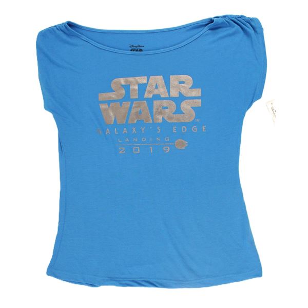 A Blue Disney Parks Star Wars Galaxy's Edge Pre-Launch T-shirt.