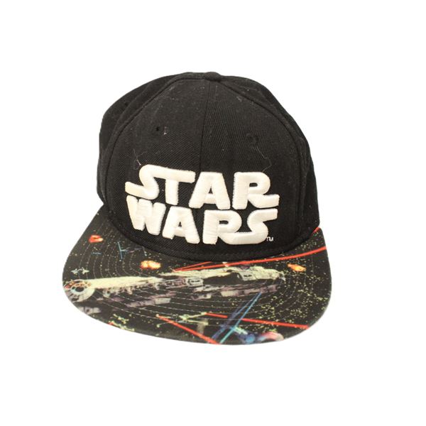 A Vintage Star Wars Logo Hat with Millenium Falcon and X-Wing Star Fighter Sublimated Image on the B