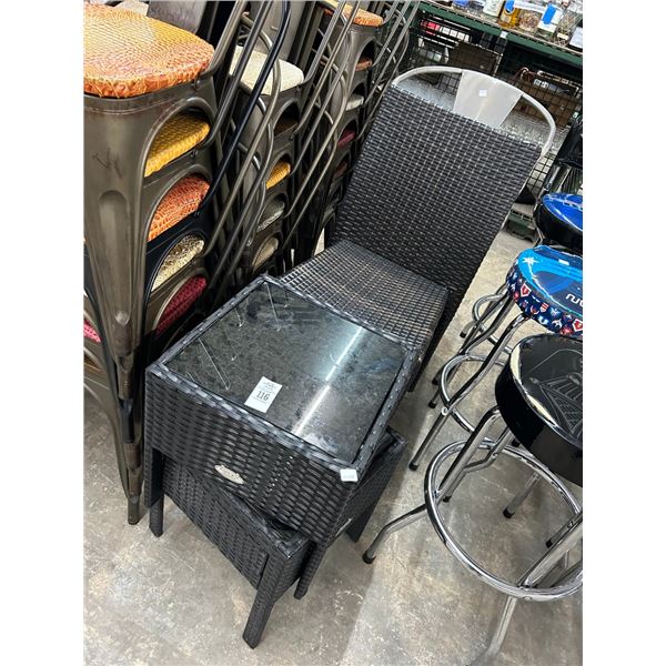 Wicker Style Patio Chairs 2, Wicker End Tables 2, Metal Round Back Chairs - 3