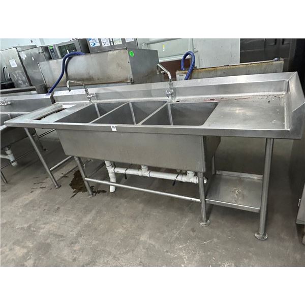 SS  9'  3 Comp Sink w/Undershelf, Drain Levels, Trash Shoot
