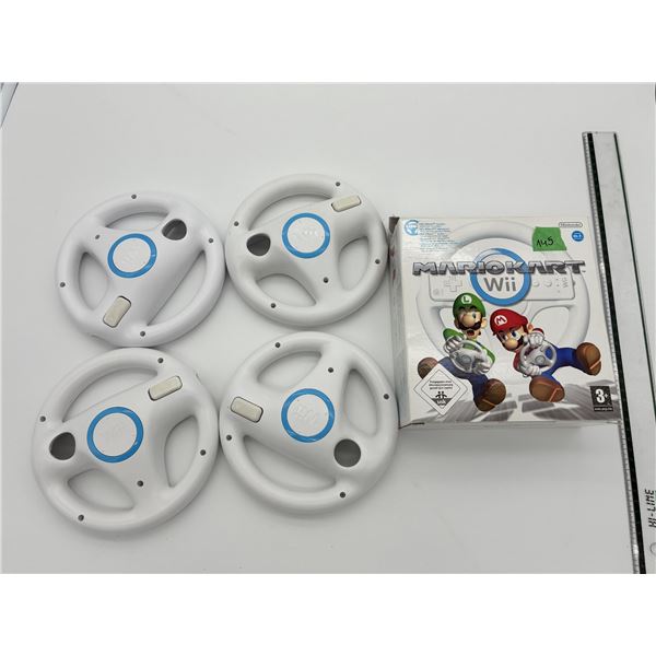 Mario Kart Wii Steering Wheel Lot (4) – Includes Boxed Nintendo Wheel