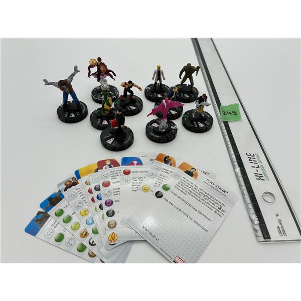 Lot of 10 Heroclix Marvel Super Heroes figures & Cards collectibles (Inc. Tony Stark, Max Fury)