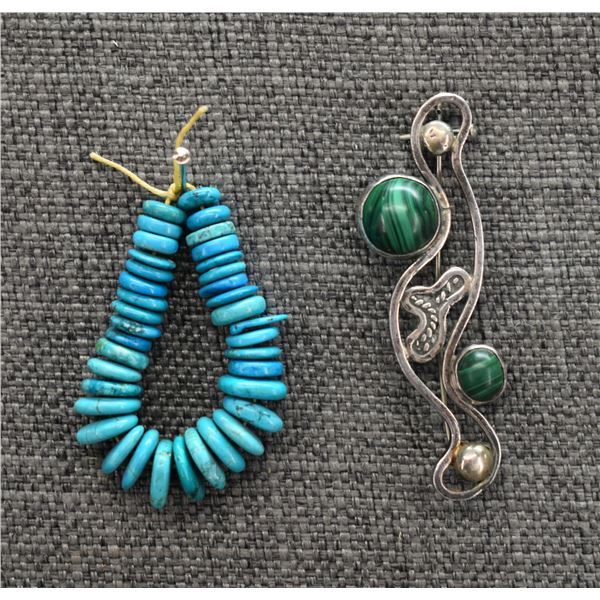 SILVER PIN AND TURQUOISE BEADS