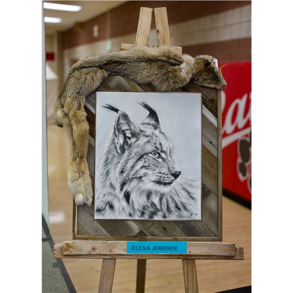 20x24 Elena Johnson original charcoal art. Combined with an authentic lynx hide.