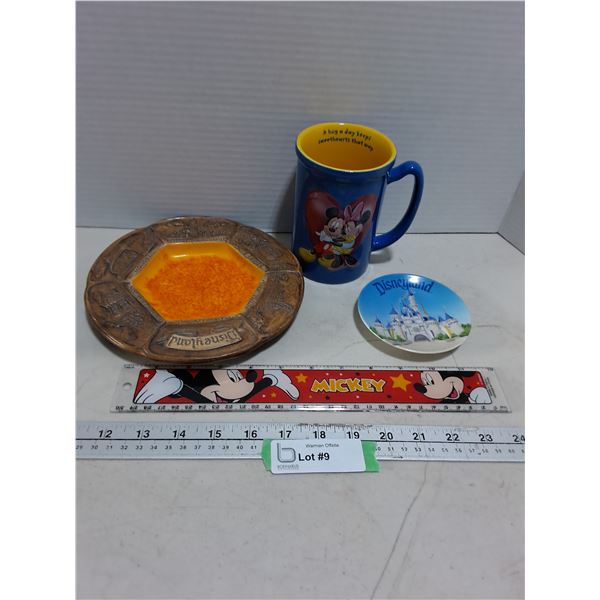 Disney/Mickey Mouse Memorabilia (Ash Tray, Ruler, Mug, Art Dish)