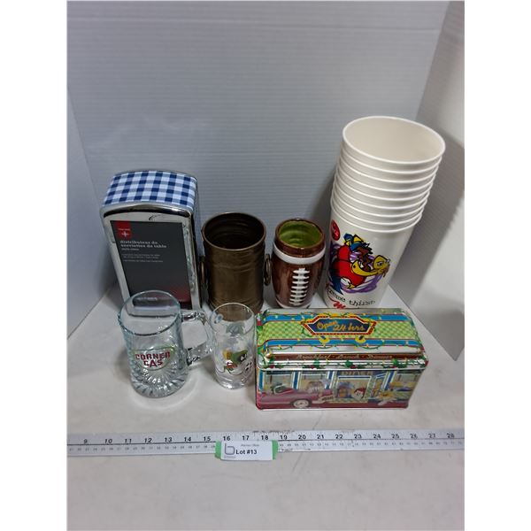 Serviette Dispenser, Corner Gas Mug, Marvin Glass, M&M Tin, Mac's Big Cups, Brass Vase, Misc.