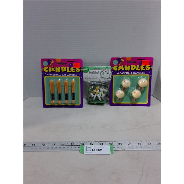 (3) Sealed Baseball Themed Cake Candles & Decorations