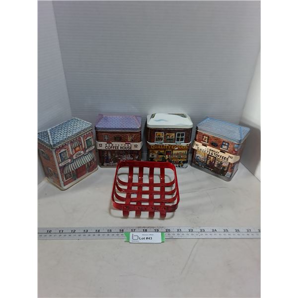 (4) Vintage Tins, Metal Trinket Basket