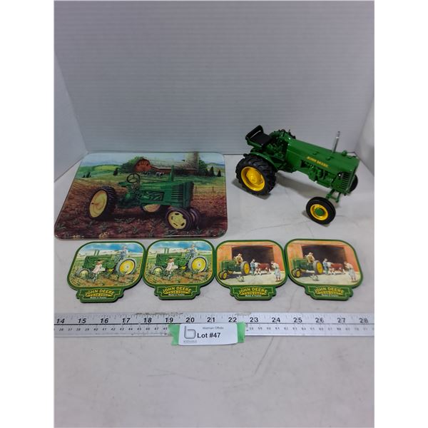 Assorted John Deere Memorabilia (Cheese Board, Coasters, Replica Tractor)