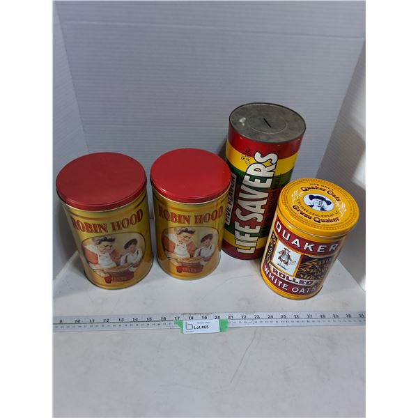 Vintage Tins/Coin Bank (Robin Hood, Life Savers, Quaker Oats)