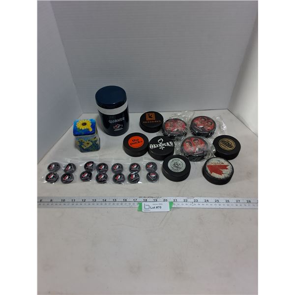 (9) Assorted Hockey Pucks, (14) Mini Pucks, Sunflower Tin, Quaker 'Team Canada' Thermos
