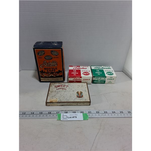 NOS Jointite Bottle Caps, Sweet Caporal Cigarette Tin, (2) Boxes of Alpha Chalk