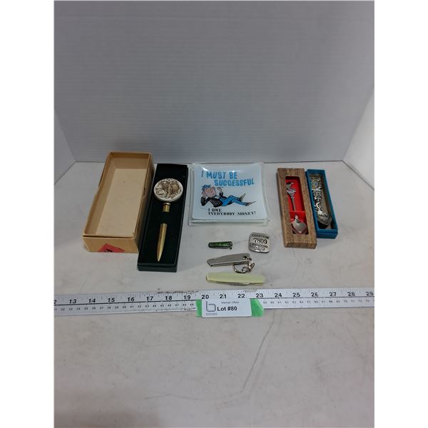 Expression Glass Key Dish, Letter Opener, Souvenir Spoons, Jack Knives