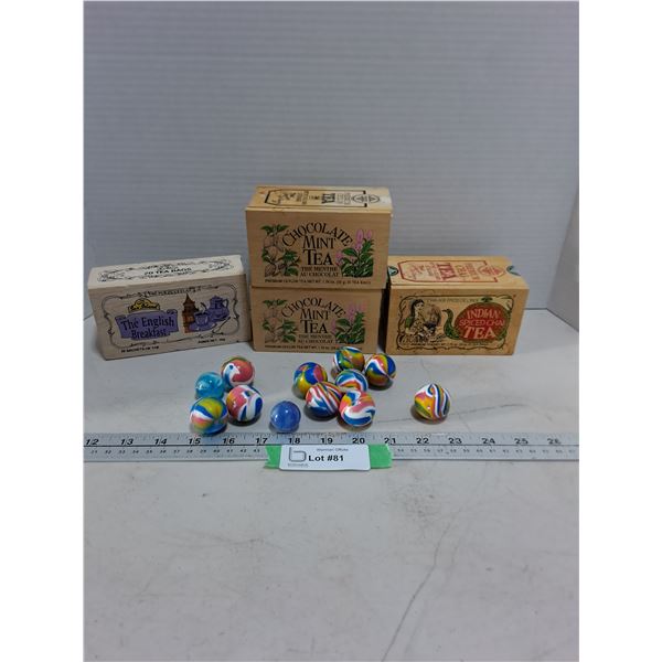 (4) Wooden Empty Tea Boxes, (12) Bouncy Balls