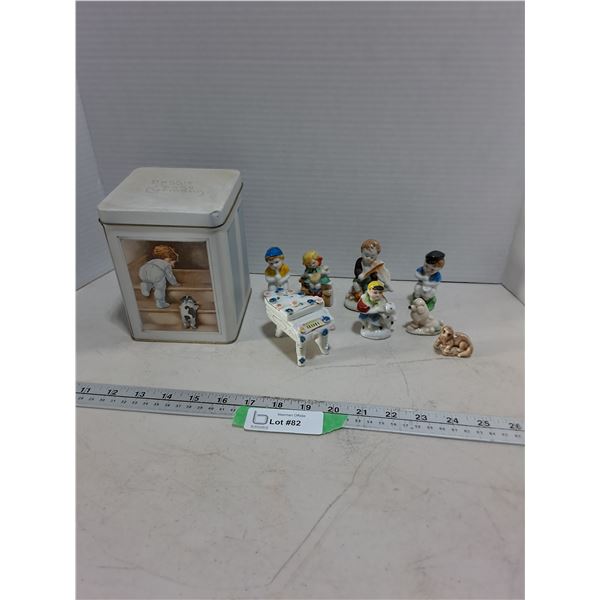 (8) Porcelain Ornaments, Vintage Tin