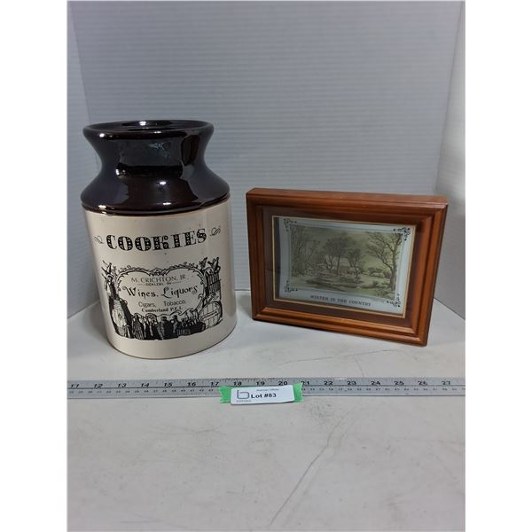 Vintage Ceramic Cookie Jar, Framed "Winter In The Country" Trinket Dish