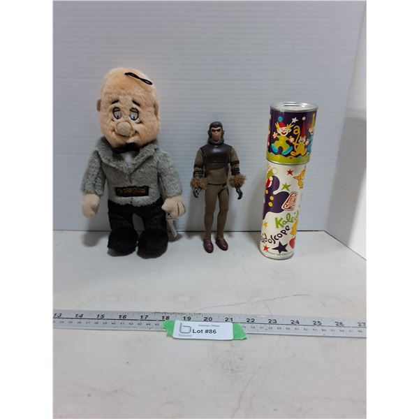 (3) Vintage Toys (3 Stooges Plush, Planet of the Apes Action Figure, Kaleidoscope)