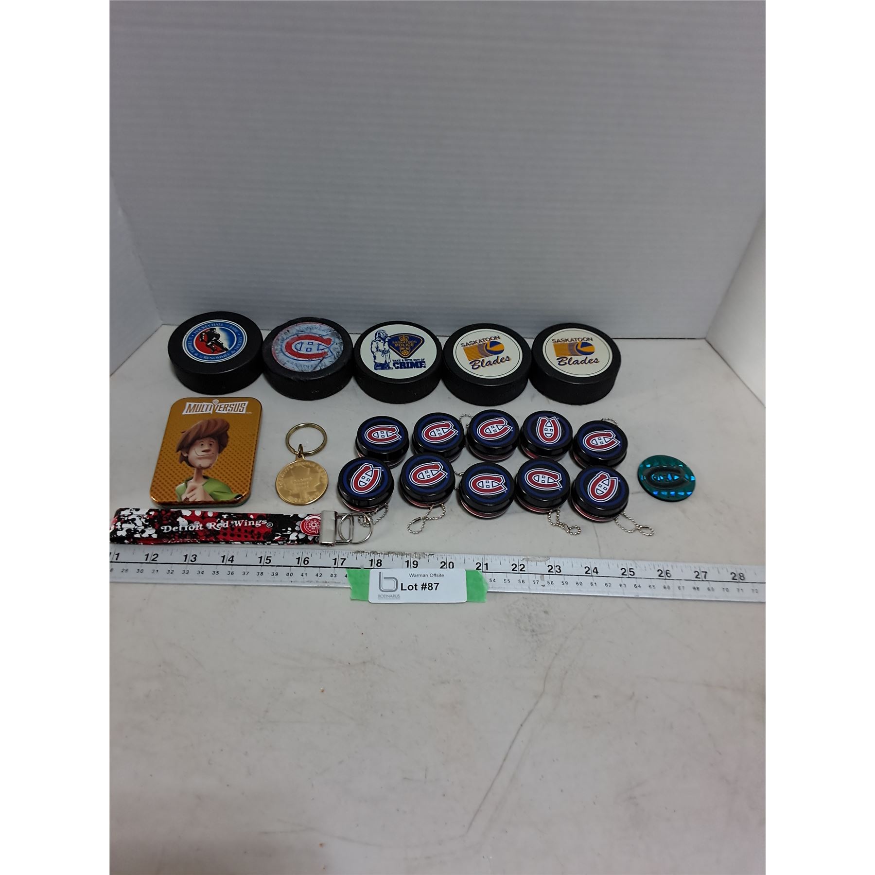 (5) Hockey Pucks, (12) NHL Key Chains, Pog, Multi Versus Tins