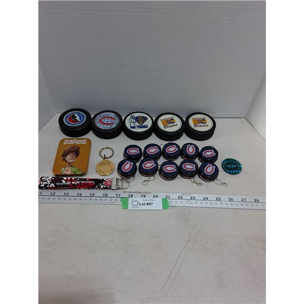 (5) Hockey Pucks, (12) NHL Key Chains, Pog, Multi Versus Tins