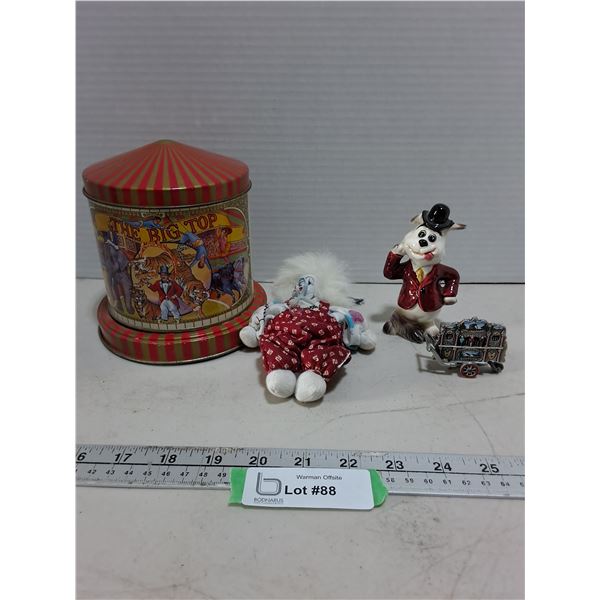Big Top Turn Tin, Porcelain Clown Baby, Well-Dressed Dog Ornament, Pewter Ornament
