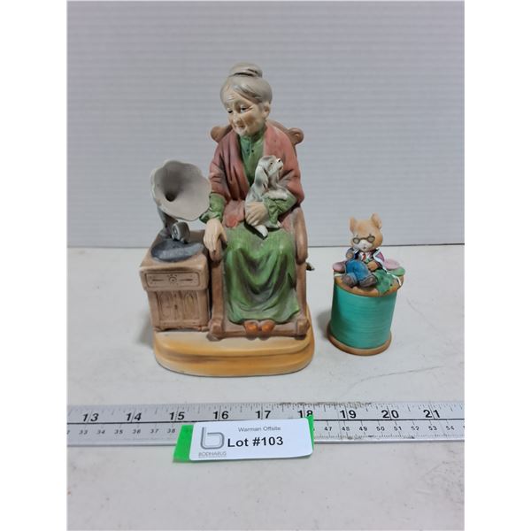 (2) Vintage Porcelain Ornaments (Old Woman with Puppy Plays Music)
