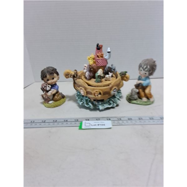 (3) Porcelain Ornaments (Noah's Ark Turns with Wind-Up Music)