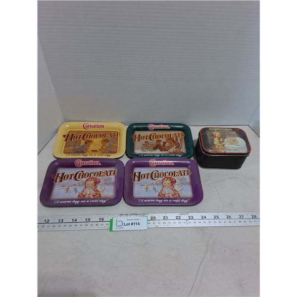 (4) Vintage Carnation Hot Chocolate Mini Trays, Hershey Cocoa Tin