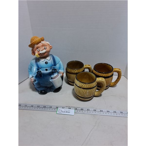 Porcelain "Pudgy Old Man" Cookie Jar, (3) Porcelain "Barrel" Mugs
