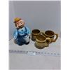 Image 1 : Porcelain "Pudgy Old Man" Cookie Jar, (3) Porcelain "Barrel" Mugs