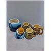 Image 2 : Porcelain "Pudgy Old Man" Cookie Jar, (3) Porcelain "Barrel" Mugs