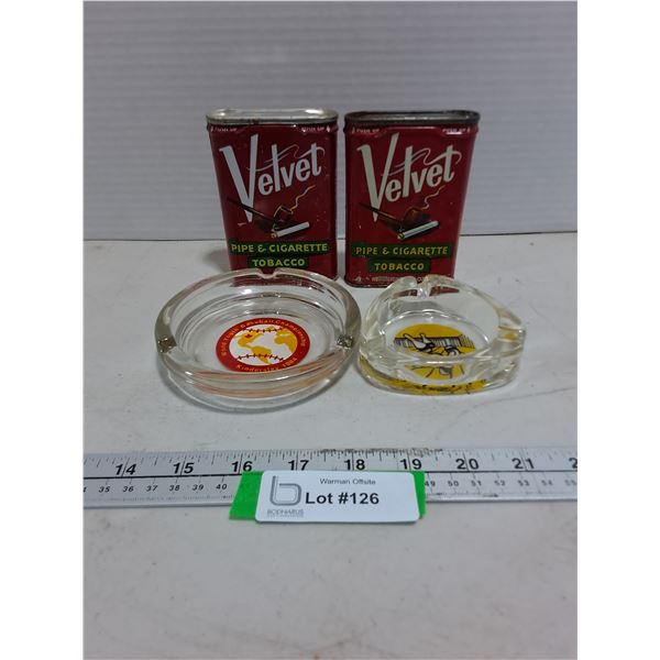 (2) Sport Themed Glass Ash Trays, (2) Vintage Velvet Pipe Tobacco Tins
