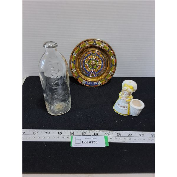 Vintage "Cat & the Fiddle" Measure Bottle, Porcelain Toothpick Maiden, Brass Aztec Plate)