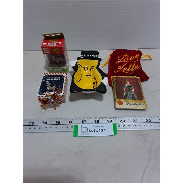 Mr.Peanut Dish, Glass Reindeer Tree Ornament, Grinch Pocket Pop! Keychain, "Love Letter" Card Game
