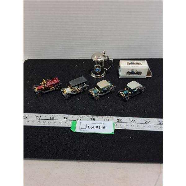 (4) REO Mini Replica Antique Vehicles, Burg Cochem Souvenir Beer Stein