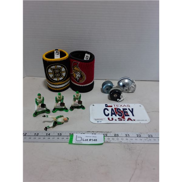 NHL Drink Cozies, NFL Mini-Helmets & Texas License Plate, Vintage Baseball Figurines