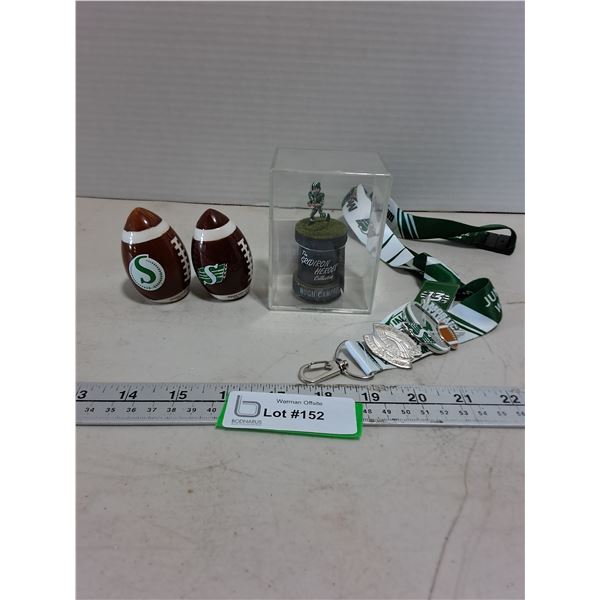 Roughriders Memorabilia (Wiser's Shakers, Hugh Campbell "Grid Iron Hero" Ornament, Lanyard w/Pins)