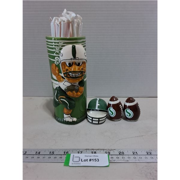 Ceramic Football Vase from Waikiki w/Straws, Roughrider/Wiser's/Polar Ice Kitchen Ornaments
