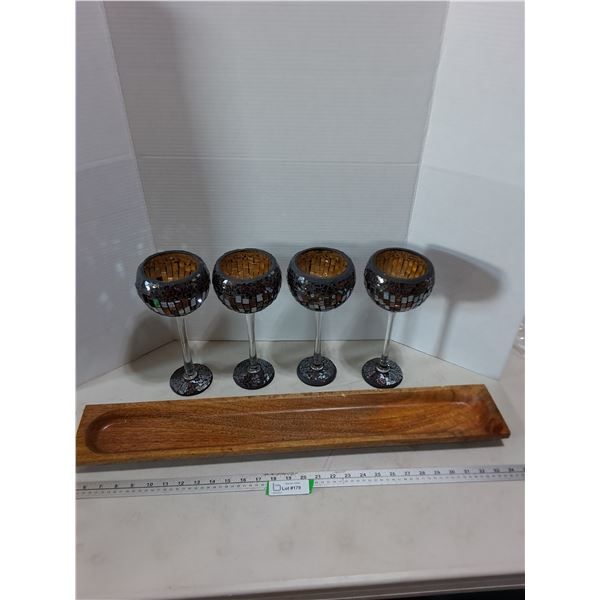 Set of 4 Cracked Glass Candle Holders, 29.5" Mango Wood Platter