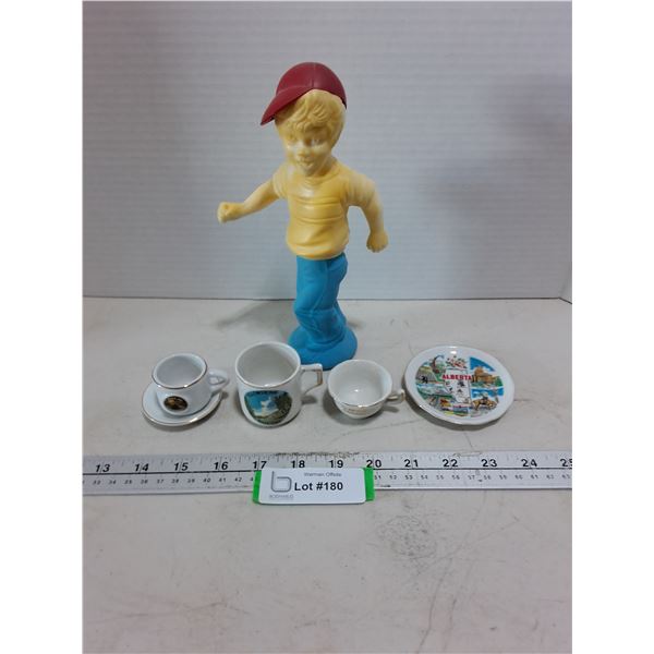 Vintage "Boy" Avon Bottle, Souvenir Mini Cups & Plates