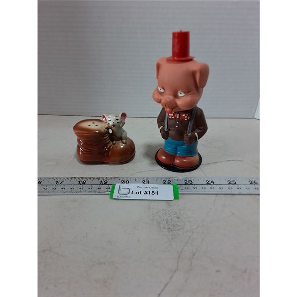 Vintage Wind-up Pig Bobble Head, 'Mouse on Boot' Shaker