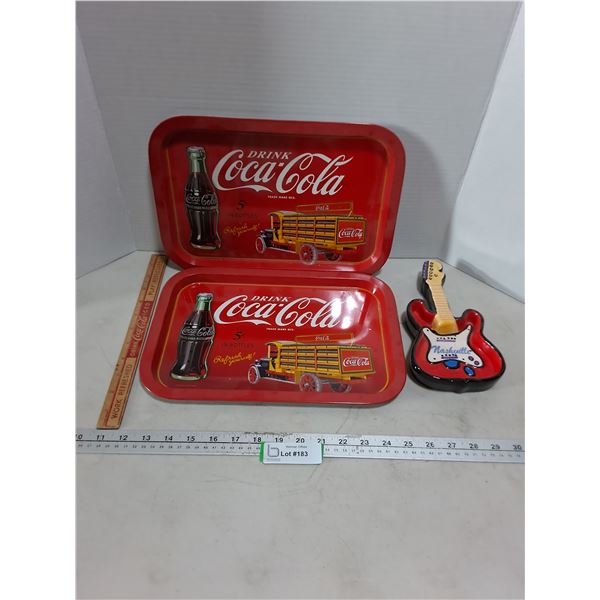 (2) Metal Coca-Cola Serving Trays, Ruler, Nashville "Guitar" Trinket Dish