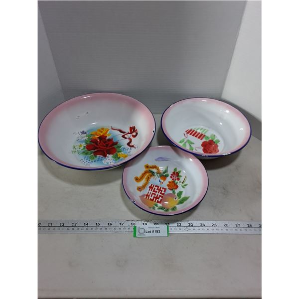 (3) Assorted Enameled Bowls (12", 9.5", 8" Diameters)