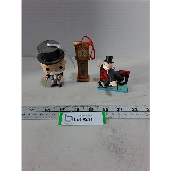 (3) Tree Ornaments - Grandfather Clock & 2 Monopoly Memorabilia