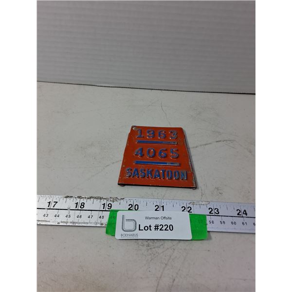1963 Saskatoon Bicycle License Plate