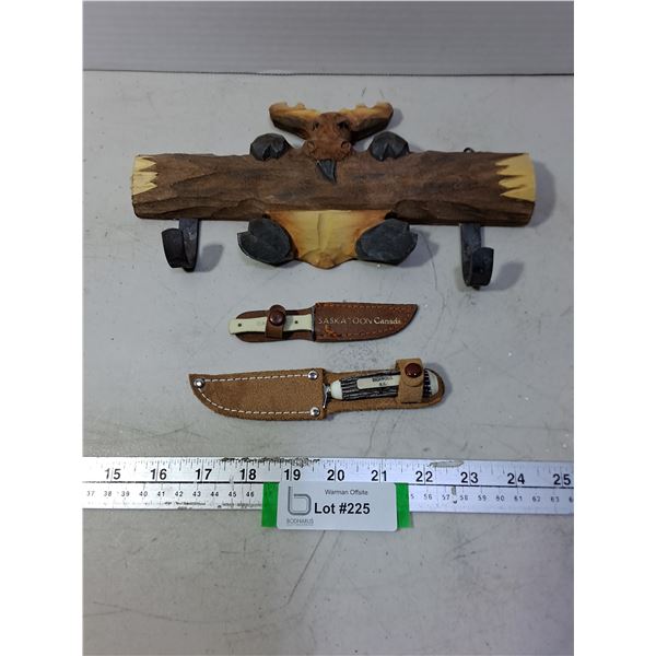 Wooden Moose Key Holder, Souvenir Miniature Sheathed Knives