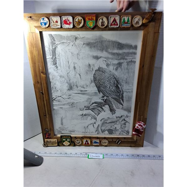 Vintage Wood Framed Charcoal Sketch Print 52/100 - 20" x 25" w/Glued Scout Badges - PICK UP