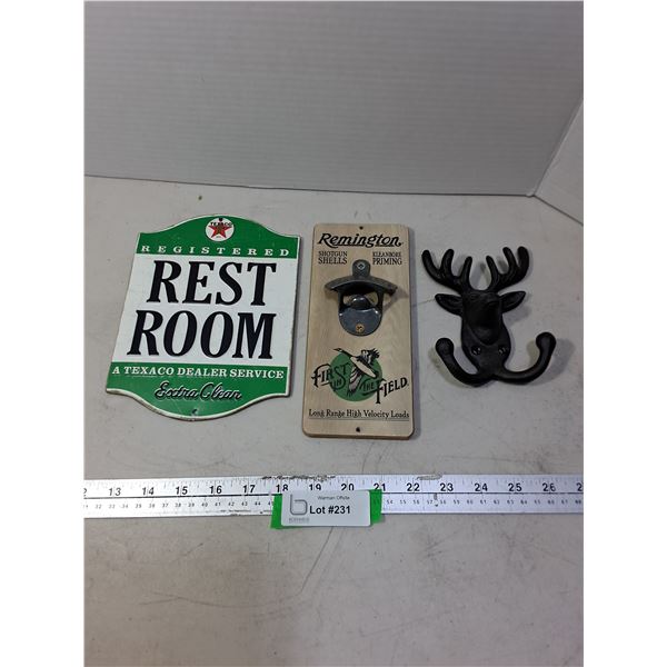 (3) 'Vintage Look'  Wall Decor (Texaco Sign, Remington Bottle Opener, Cast Iron Coat Hook)