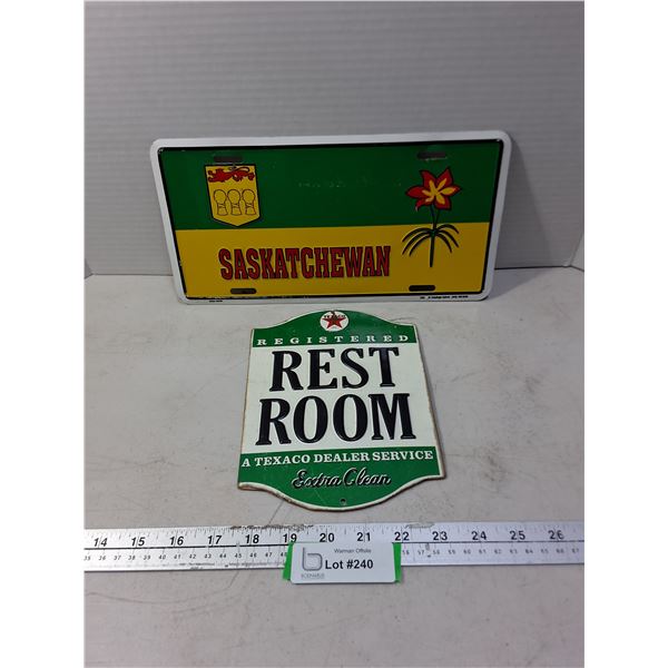 (2) Metal Decor (Sask Plate, Texaco Sign)