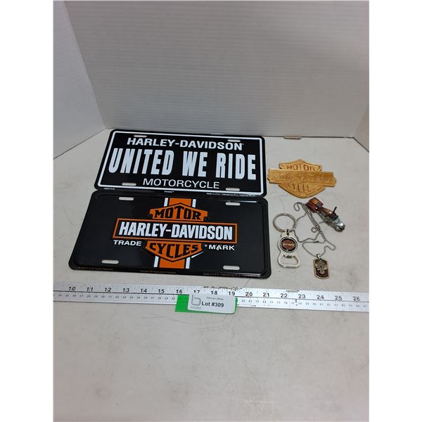 Harley-Davidson Memorabilia Including Novelty License Plates & Bottle Opener Keychain