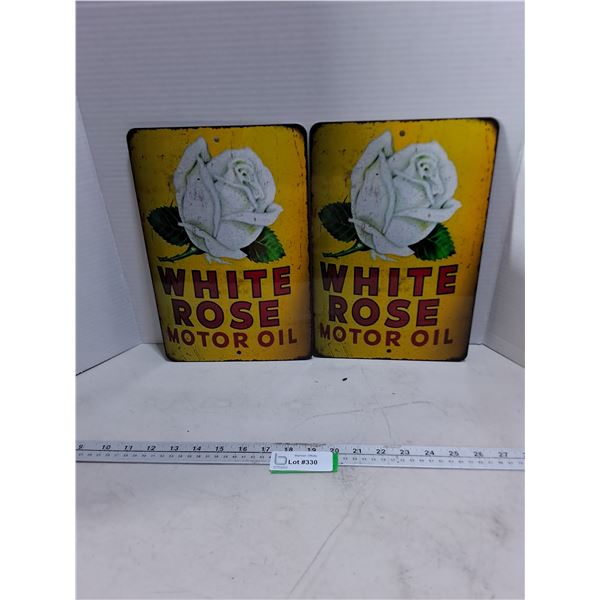(2) Metal "White Rose Motor Oil" Wall Decor